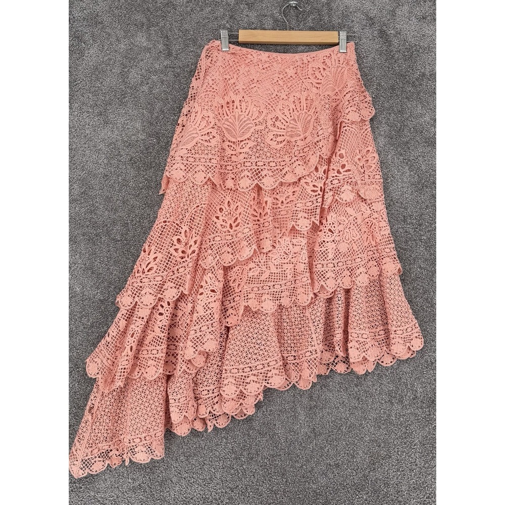 FARM Rio Pink Guipure Lace Tiered Asymmetrical Maxi Skirt XS Flawed